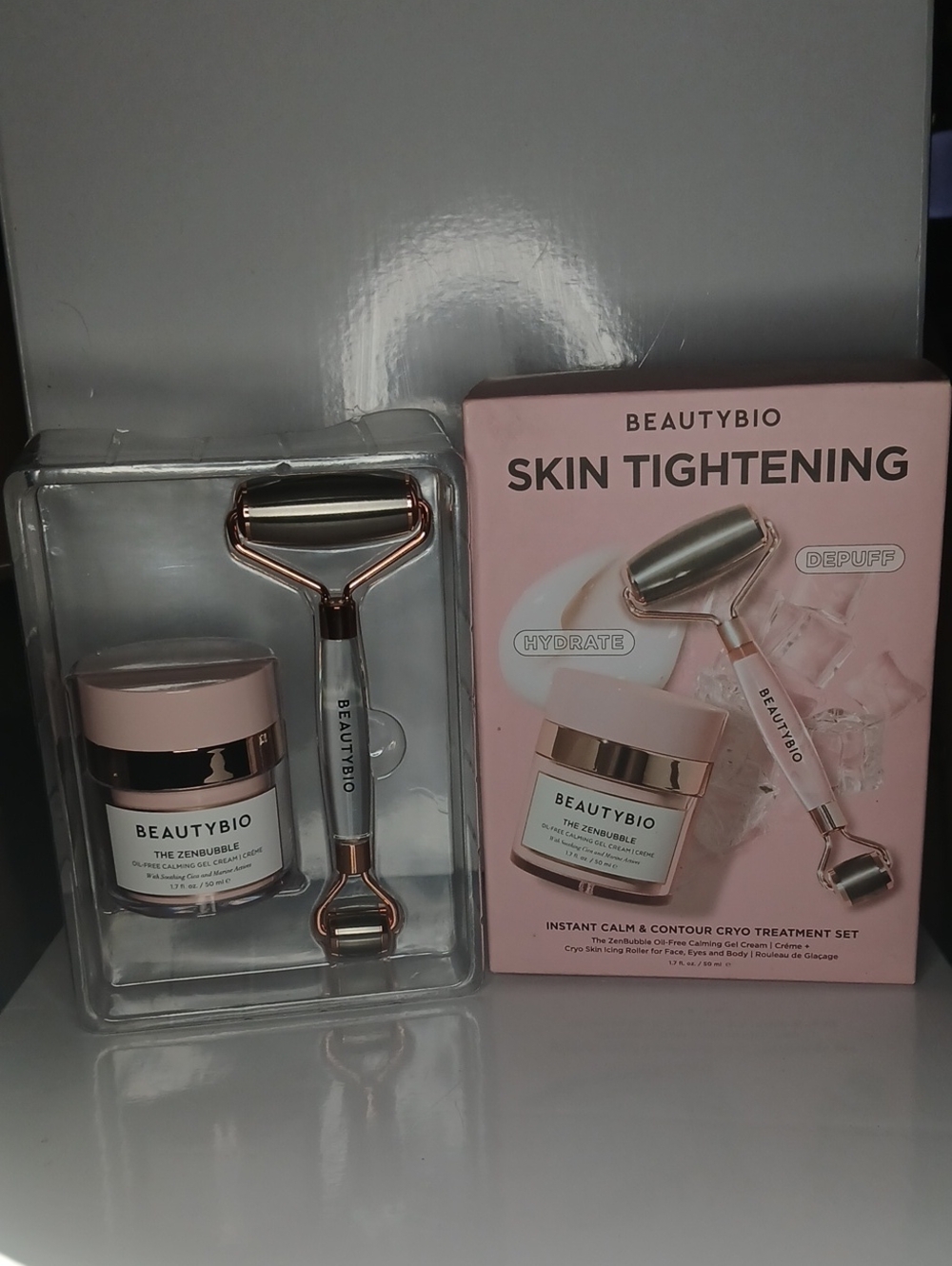 NIB BeautyBio Skin Tightening Set Zen Bubble 50 Ml & Cryo Skin Icing Dual Roller